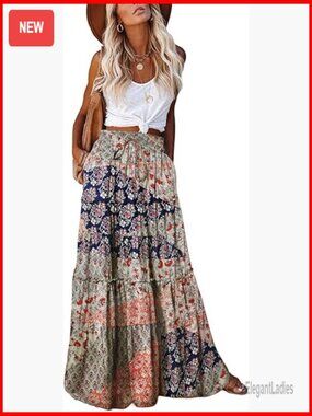 High Waist Flowy Maxi Skirt with Pockets, A-Line Boho Summer Skirt